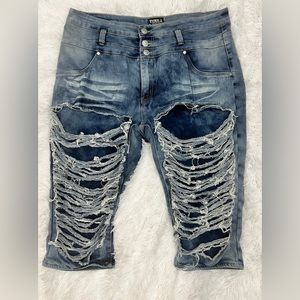 Thrill -Super Distressed High Waisted Button Fly Boyfriend Capri's.